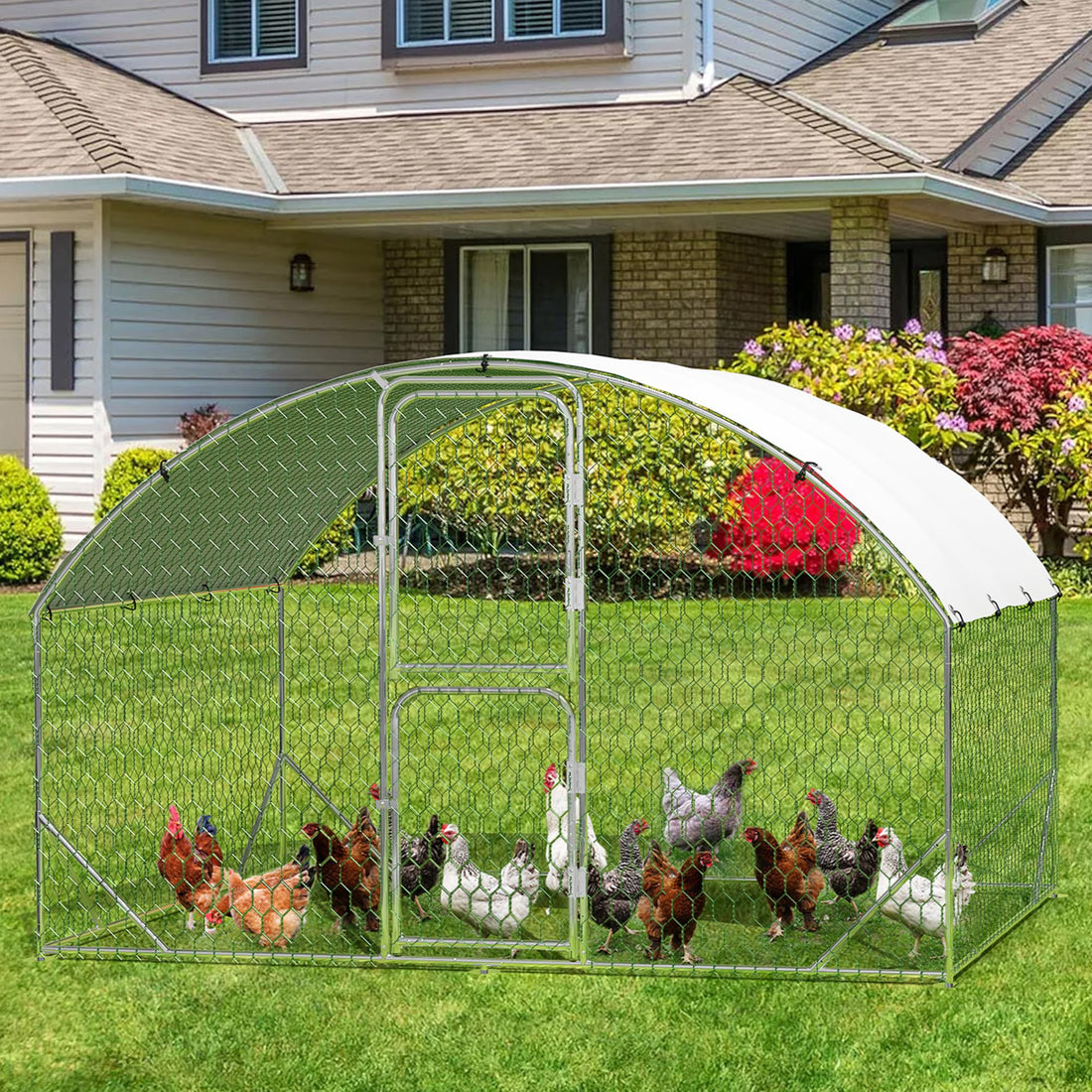 Poulailler Garvee grand format de 2 m (6,5 pi) en métal imperméable avec protection UV, double porte, structure triangulaire renforcée pour poules et canards, jardin
