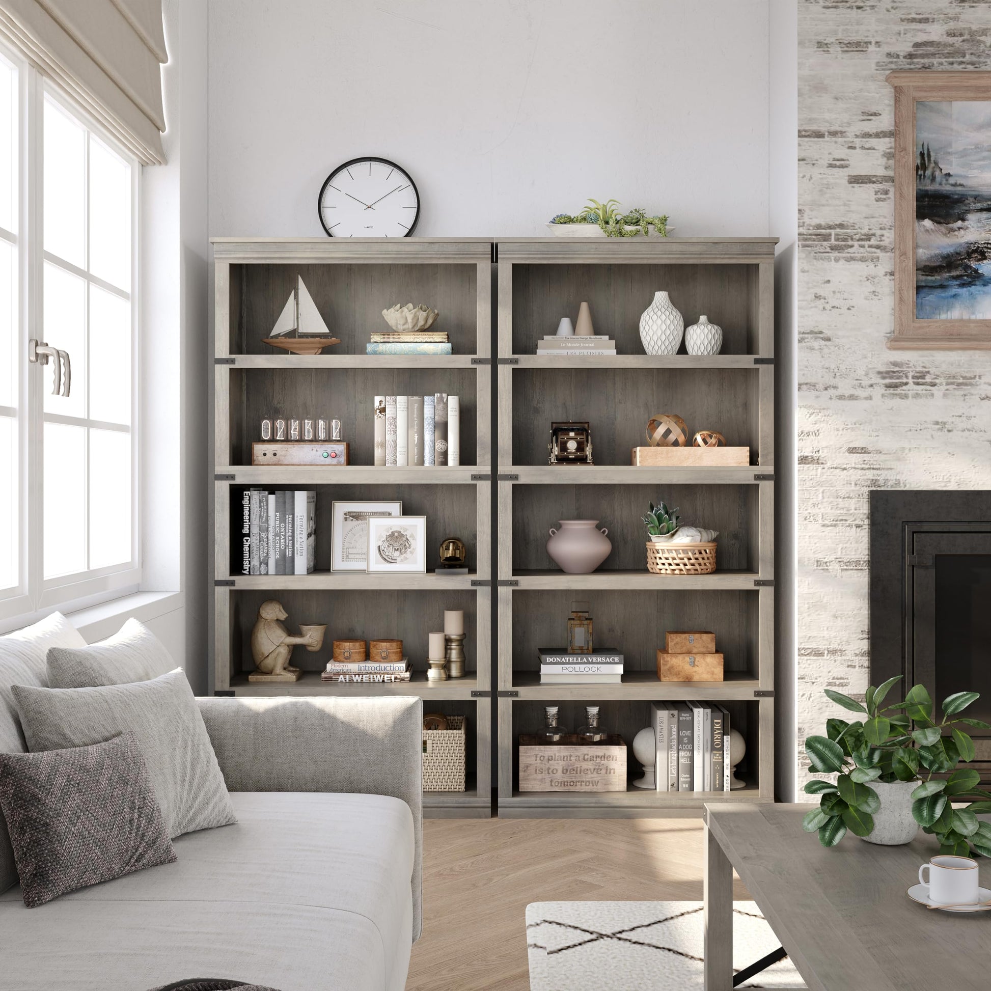 Garvee bibliothèque étroite 116 × 46 × 23 cm, 5 niveaux en MDF et bois, finition grise