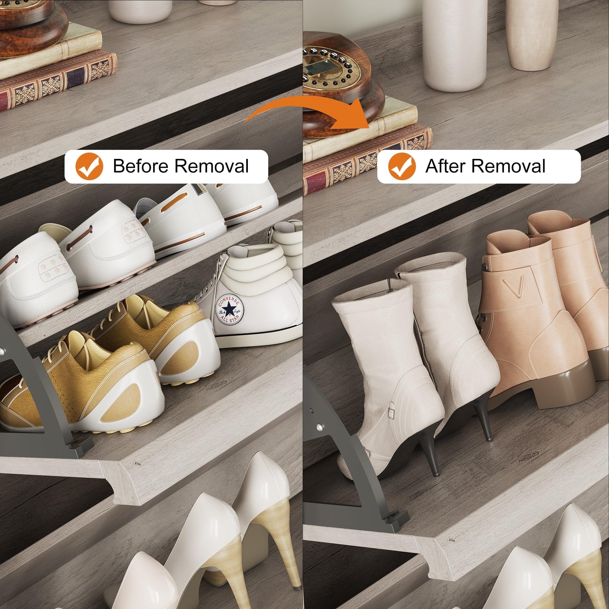 Meuble à chaussures Garvee avec 3 compartiments pliables, étagère réglable, bois MDF, pour entrée et salon, gris, gain de place, robuste