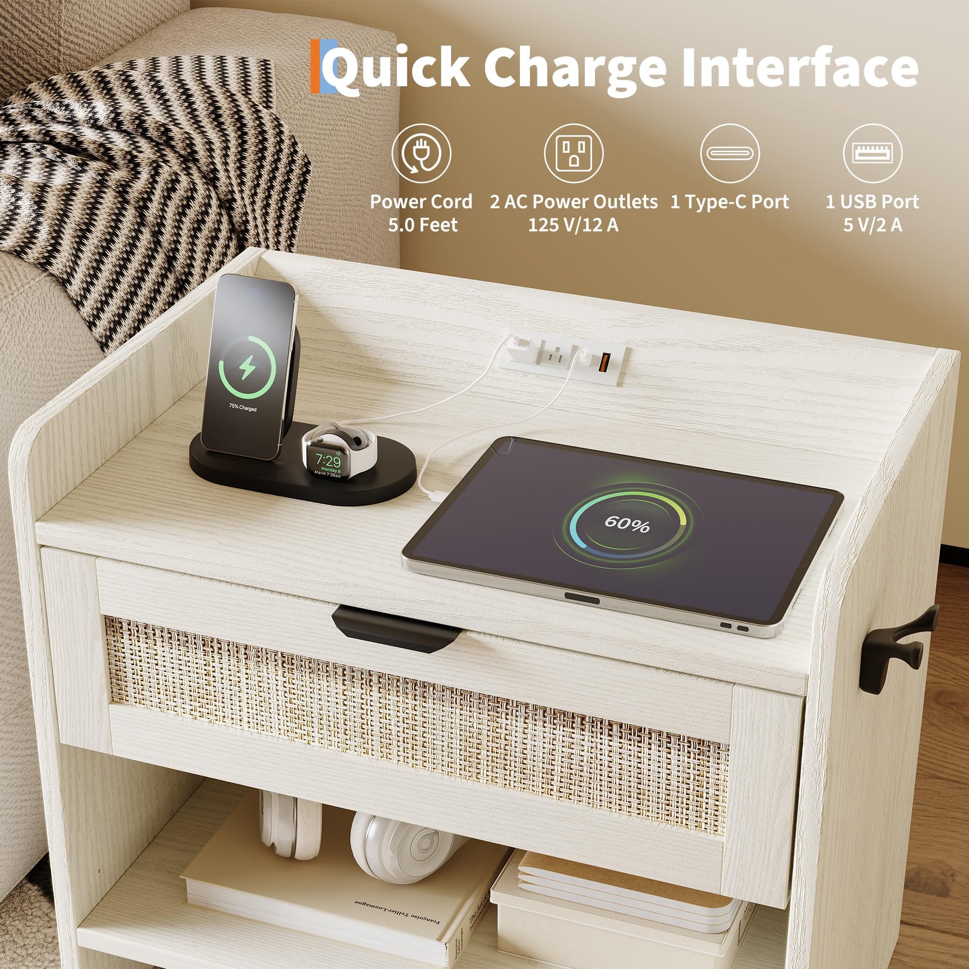 Table de chevet Garvee en rotin avec station de charge USB-C, 1 tiroir, rangement ouvert pour chambre et bureau, 60 x 39 x 56 cm, bois, robuste, polyvalente