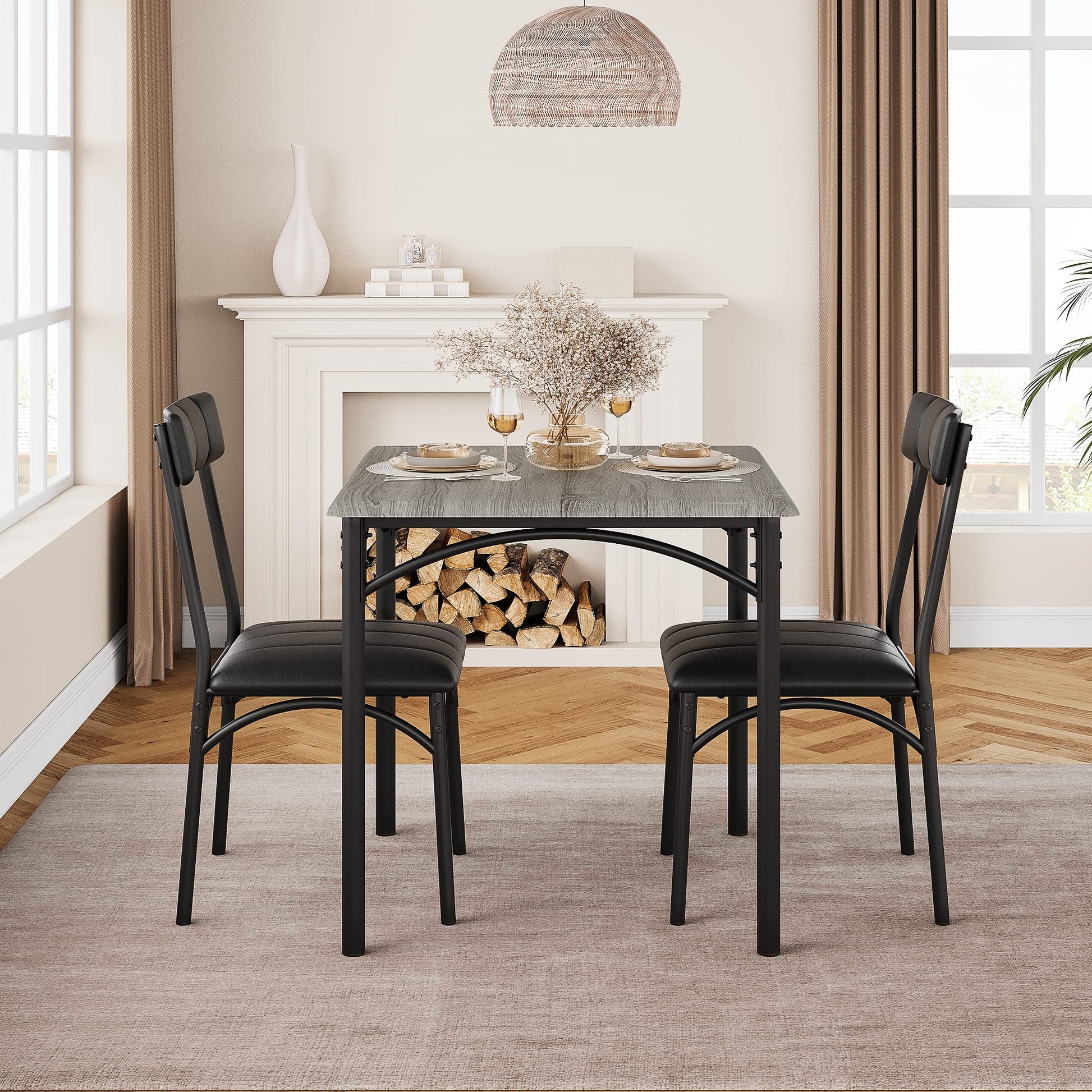 Ensemble table et chaises Garvee pour 2 personnes, gris rustique, MDF et acier, gain de place, idéal pour les petites pièces et les appartements.