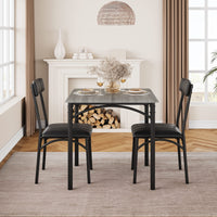 Ensemble table et chaises Garvee pour 2 personnes, gris rustique, MDF et acier, gain de place, idéal pour les petites pièces et les appartements.