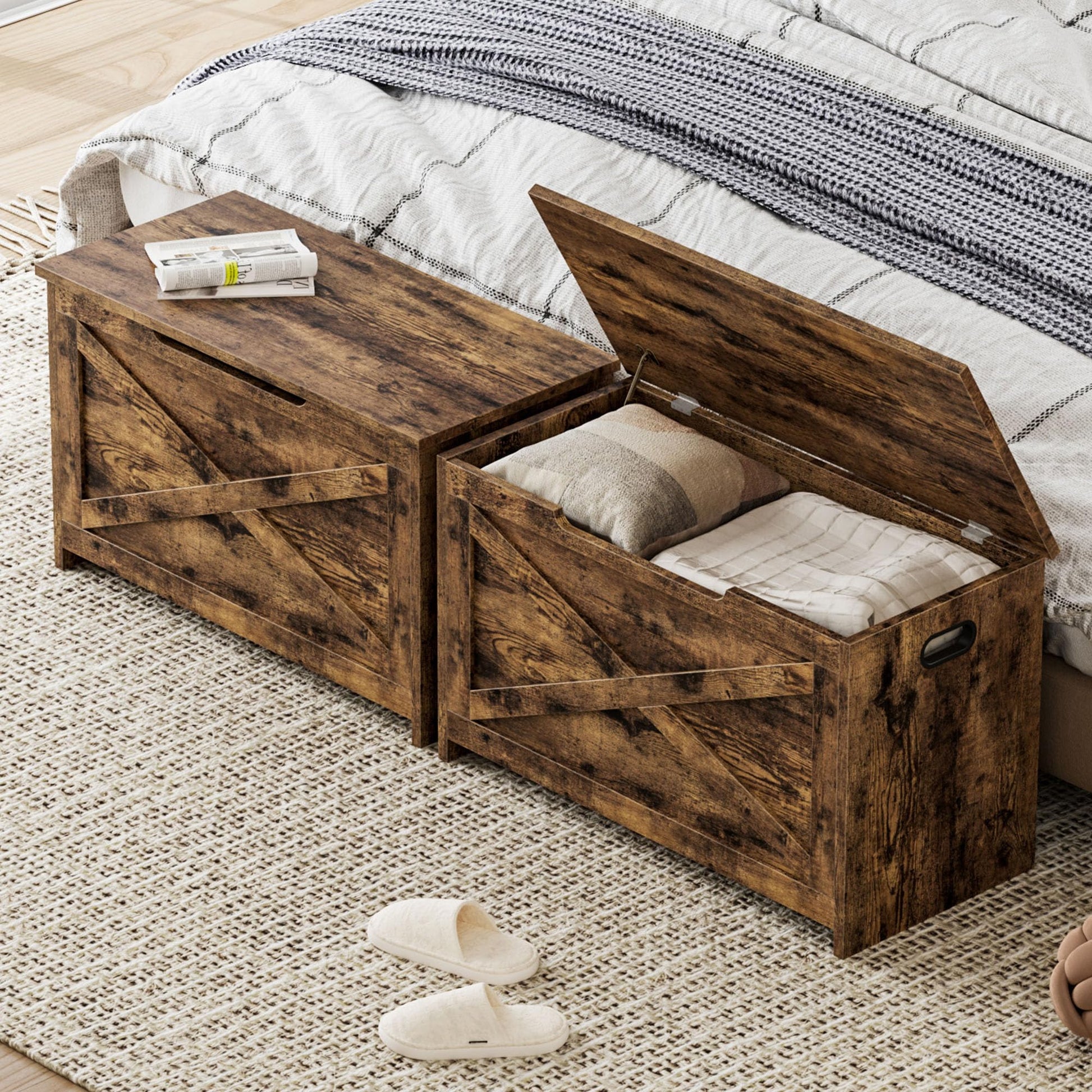 Banc de rangement en bois Garvee de 76 cm (30 pouces) avec charnières de sécurité, grande capacité pour le salon et la chambre, robuste et polyvalent, marron