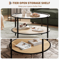 Table basse Garvee 30" en rotin à 2 niveaux, structure en métal, plateau en verre effet vague, noir, pour salon et bureau, 30"