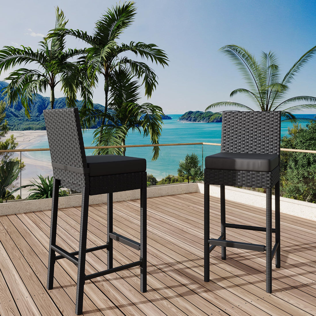 Ensemble de 2 tabourets de bar d'extérieur Garvee en résine tressée, ergonomiques et robustes, structure en rotin PE et acier, pour balcon et jardin, 40,6 x 45 x 103,6 cm, noir