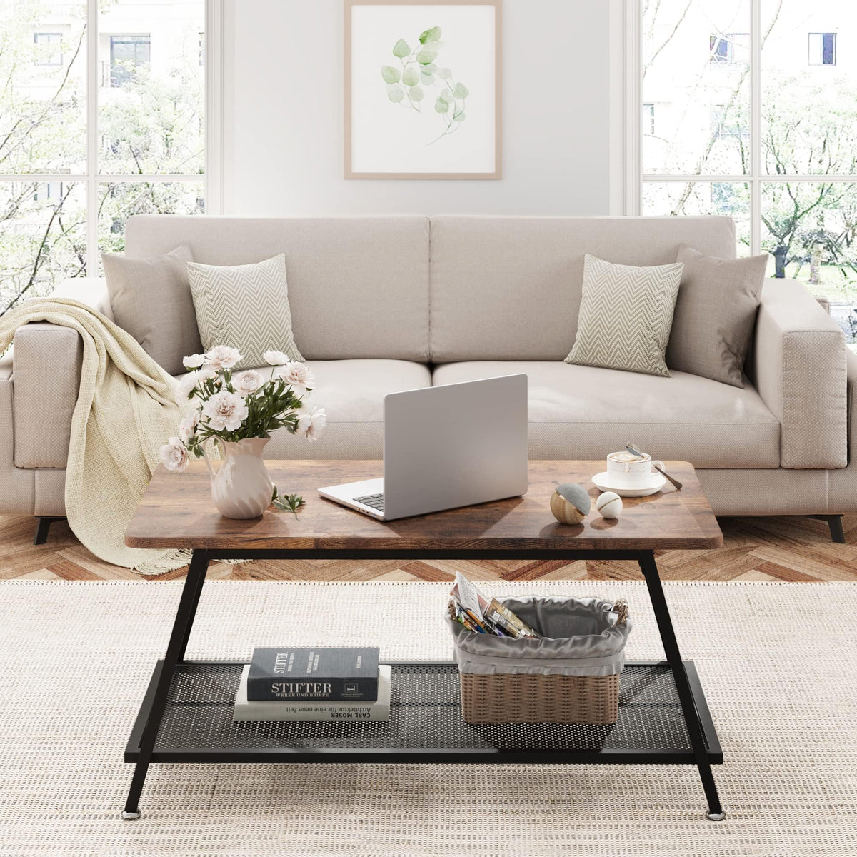 Garvee table basse en bois, table d'appoint pour salon, table basse avec rangement, table moderne avec structure en acier et étagère, 100 × 50 × 46 cm