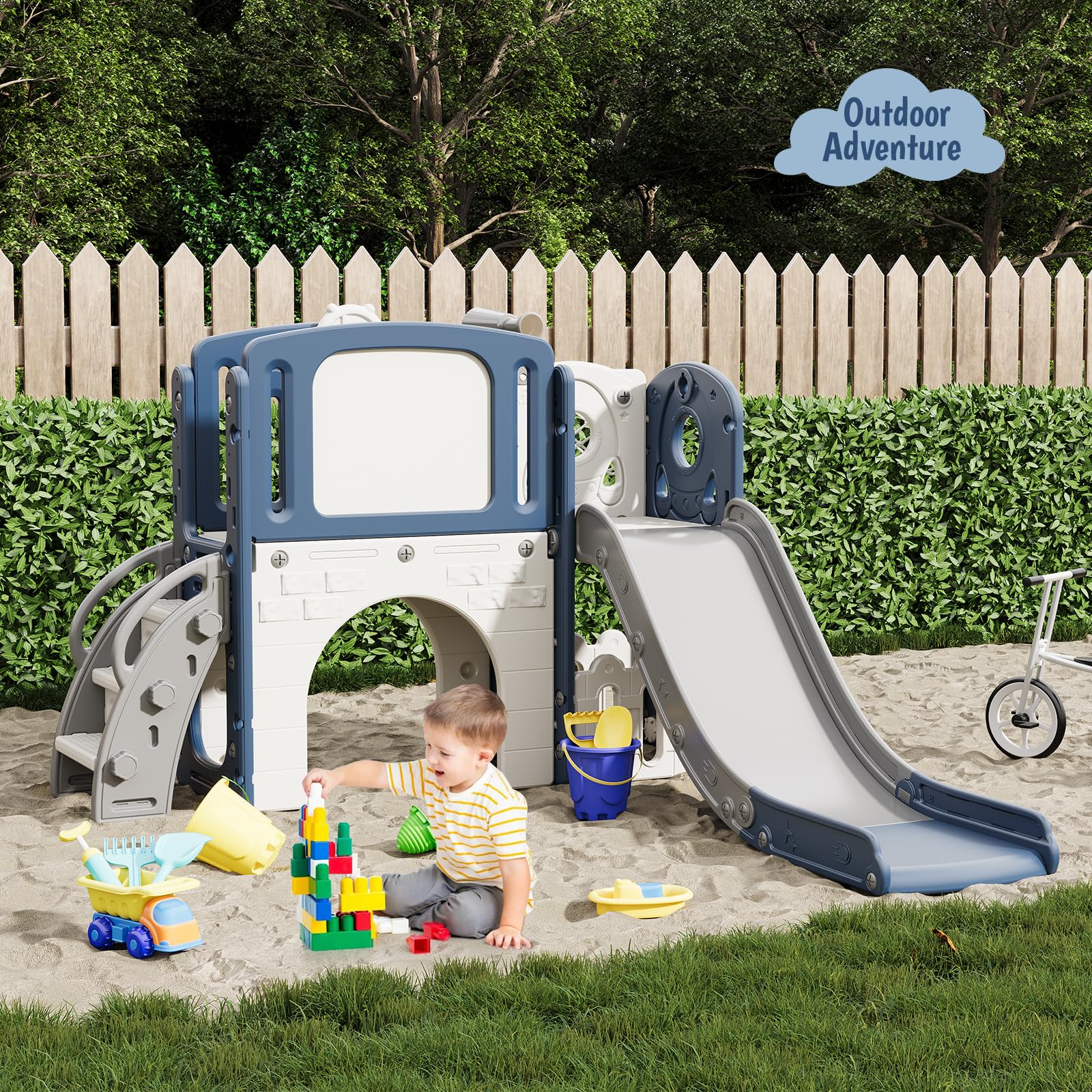 Toboggan Garvee 8 en 1 pour tout-petits, avec échelle et panier de basket, stable et sécurisé, en PEHD, pour le jardin et le salon, couleurs vives.