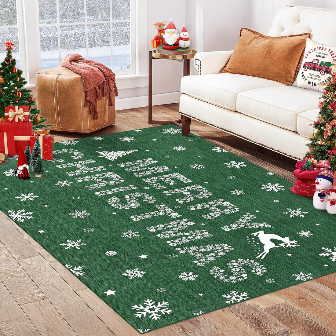 Tapis de salon Garvee, tapis de Noël, motif élan vert, lavable et antidérapant, pour chambre, cuisine, salle à manger, bureau, 200 x 290 cm