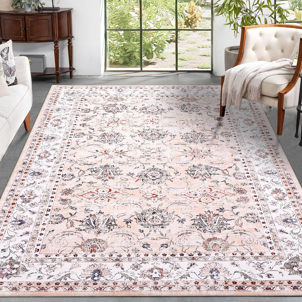 Tapis lavable Garvee grand format, résistant à l'eau et aux taches, style vintage, antidérapant, motif oriental, 200 x 290 cm, pour salon et chambre.