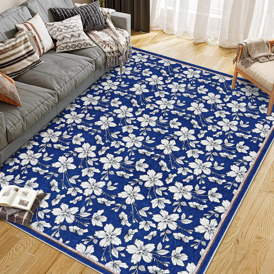 Tapis de salon lavable Garvee, motif floral vintage, poils courts, antidérapant, doux, grand format 200 x 290 cm, bleu