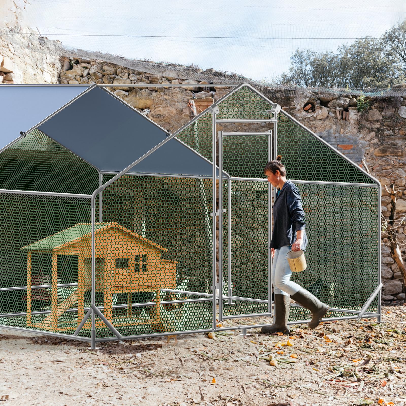 Poulailler métallique Garvee grand format 300 × 400 × 195 cm – Deux compartiments, structure tubulaire en acier triplement renforcée pour jardin et ferme