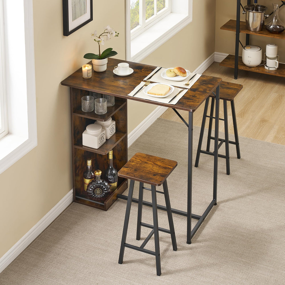 Ensemble table et chaises de bar Garvee, 3 pièces, brun rustique avec rangement, hauteur réglable, pour coin cuisine/petit-déjeuner, MDF/acier