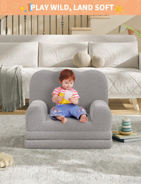 Canapé enfant 2 en 1 Garvee en tissu polaire gris effet peluche, pliable et polyvalent, idéal pour la salle de jeux et la chambre d'enfant.