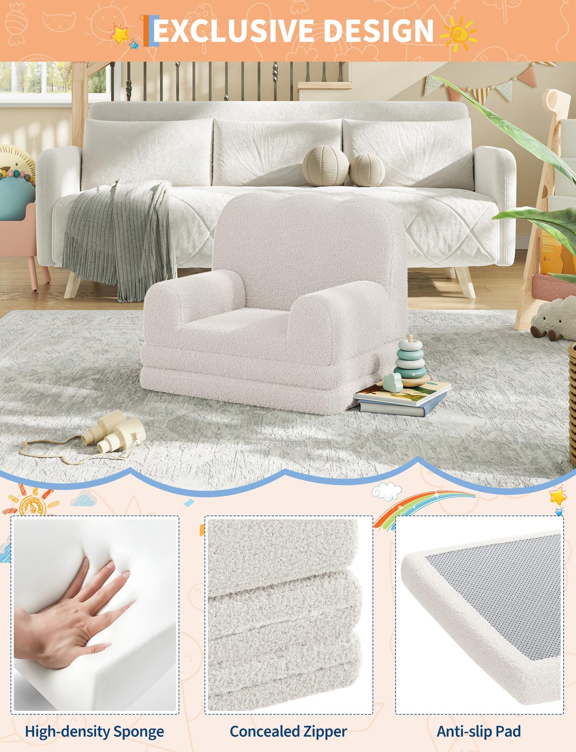 Canapé-lit convertible 2 en 1 Garvee pour enfants, avec mousse et revêtement Sherpa doux, blanc ondulé, idéal pour la salle de jeux