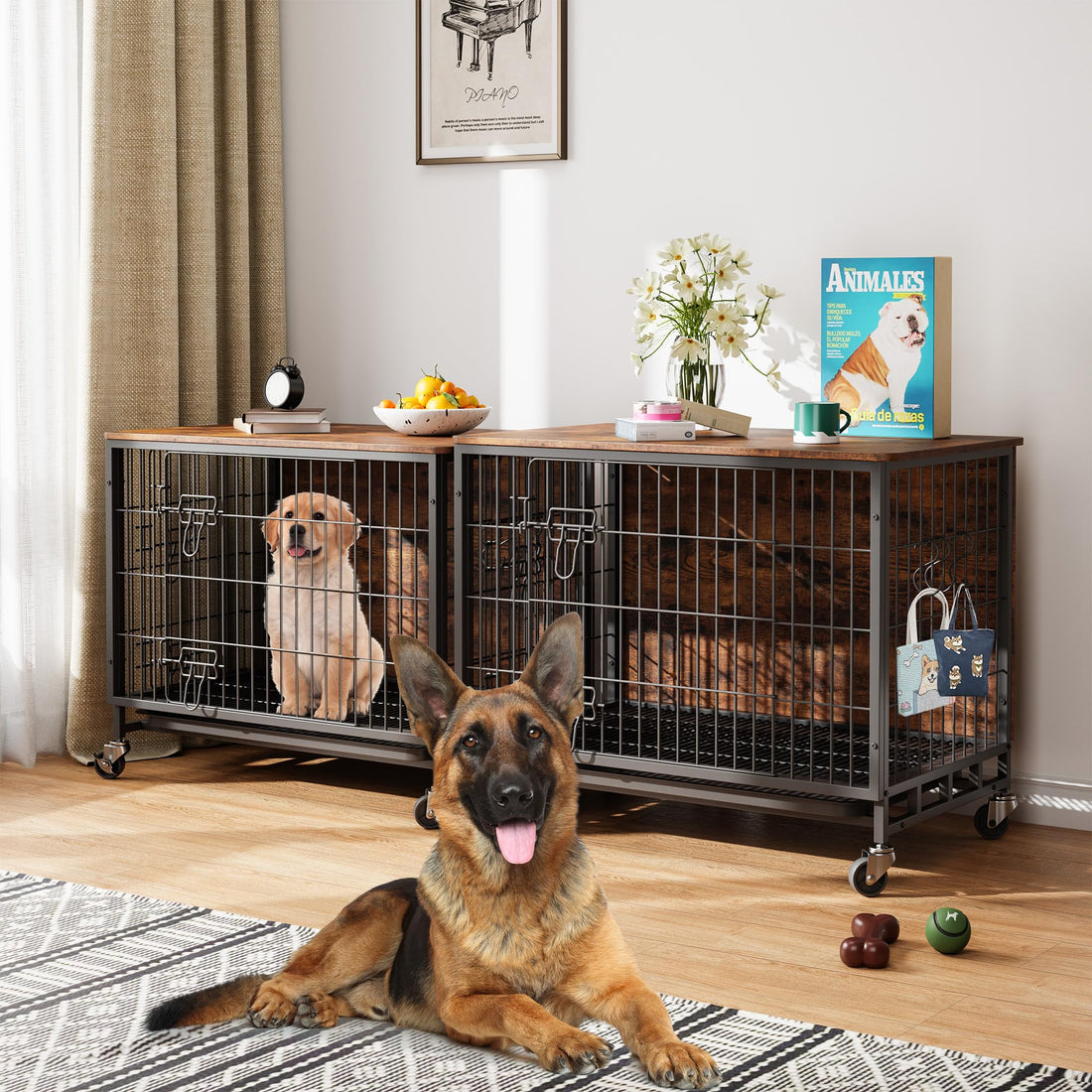 Meuble de cage pour chien Garvee 98 cm (38,6 po) en bois avec roulettes et double porte pour grands chiens d'intérieur, stable, mobile, antidérapant, en bois aggloméré