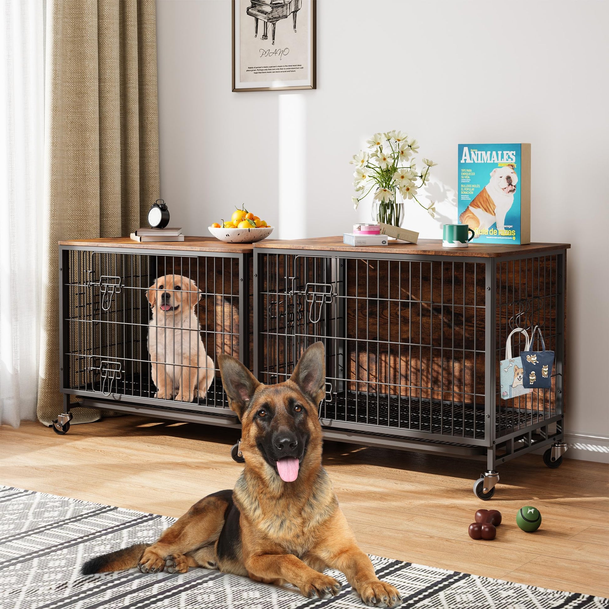 Meuble de cage pour chien Garvee 98 cm (38,6 po) en bois avec roulettes et double porte pour grands chiens d'intérieur, stable, mobile, antidérapant, en bois aggloméré