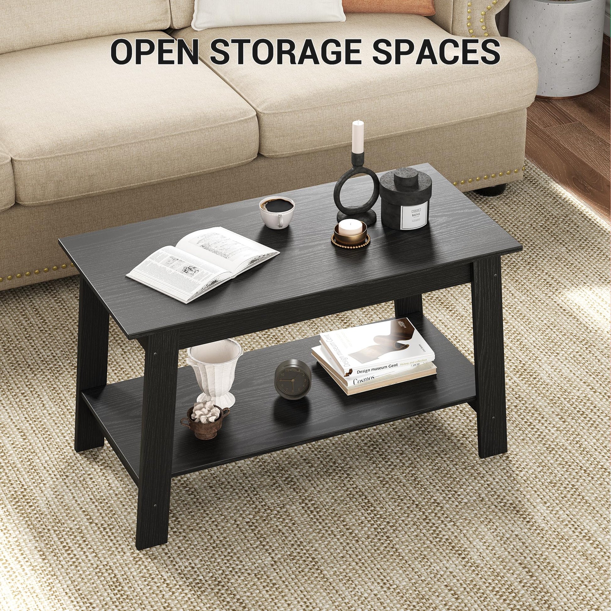 Garvee table basse rustique à double étagère, rectangulaire, en bois, finition noire, pour le salon et le bureau, 80 × 39 × 48 cm