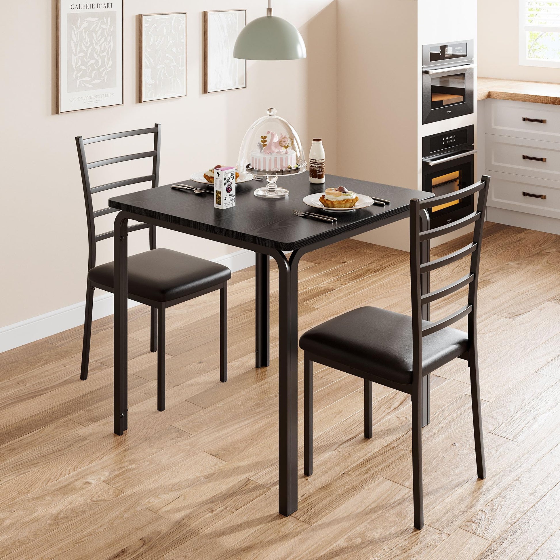 Ensemble table et chaises 3 pièces Garvee pour 2 personnes, plateau en MDF, gain de place, stable, idéal pour la cuisine et la salle à manger, design moderne, noir