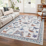 Garvee Tapis Lavable en Machine à Motifs Floraux Vintage et Insectes, Antidérapant, Poils Courts en Polyester Durable pour Salon et Chambre d’Enfant - Beige