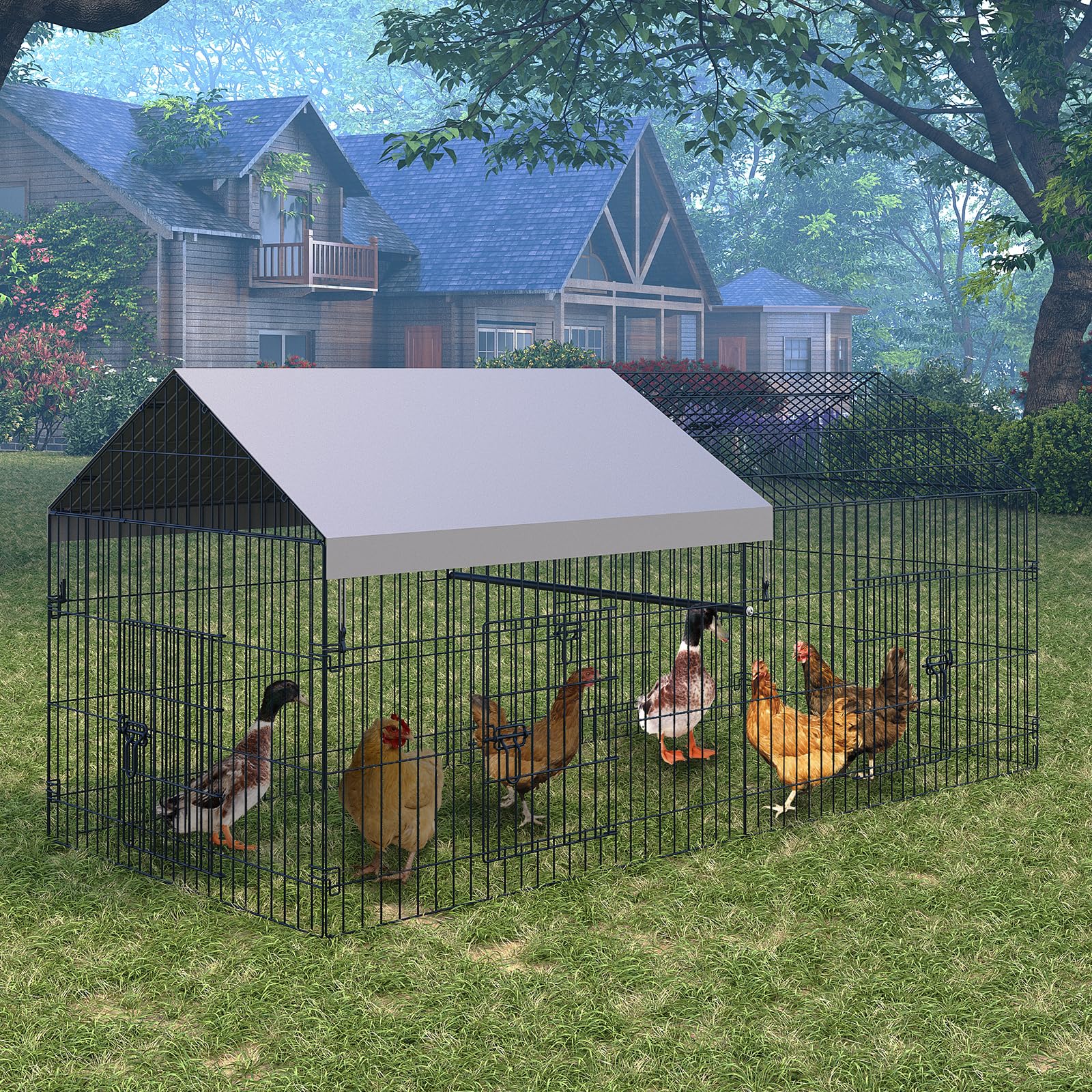 Poulailler Garvee 100x218x100cm – Acier galvanisé avec 2 compartiments et 4 portes pour poules et lapins