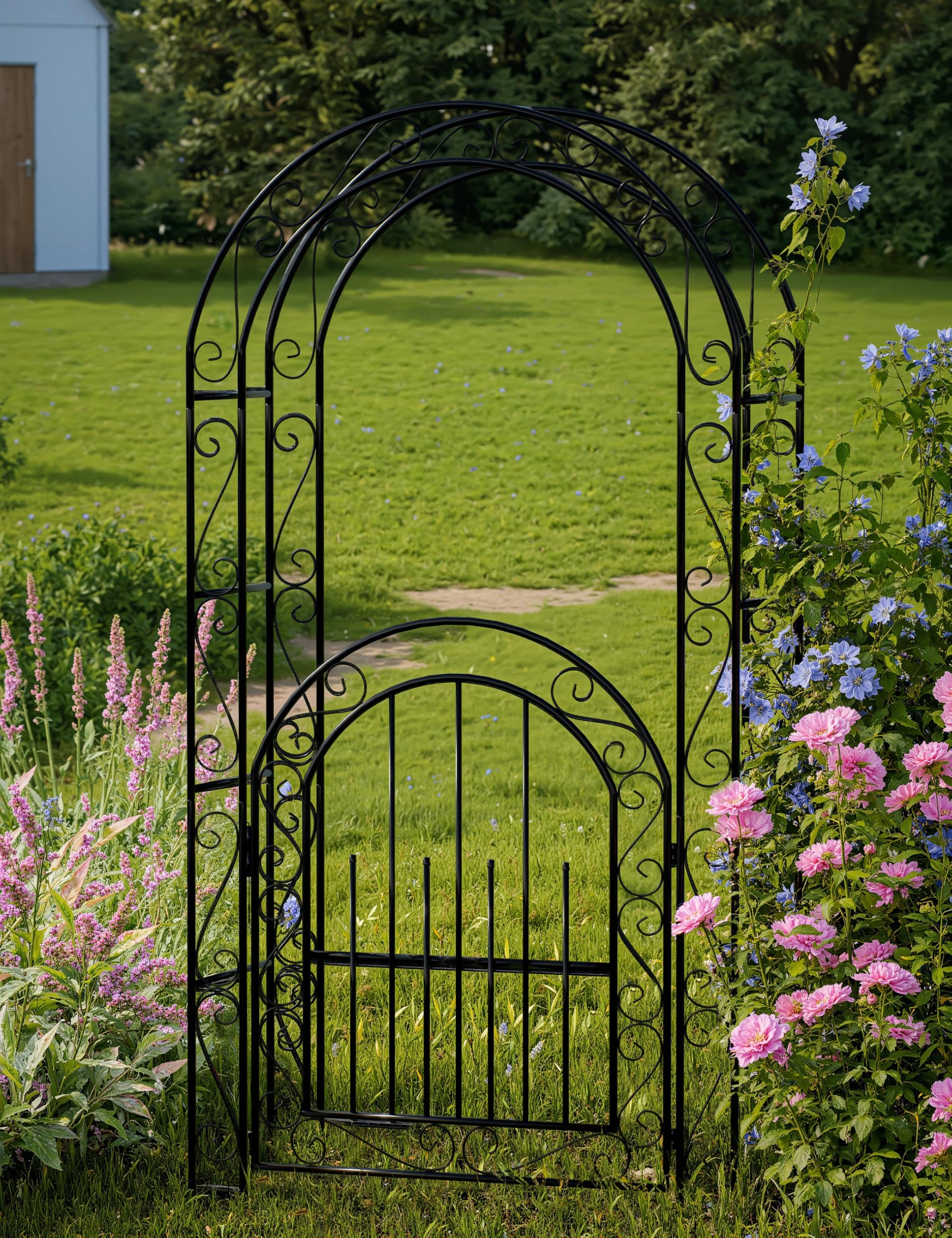 Arche de jardin en acier Garvee de 2,4 m (8 pi), résistante aux intempéries, robuste, élégante, noire, avec portail, idéale pour les mariages et le jardin.