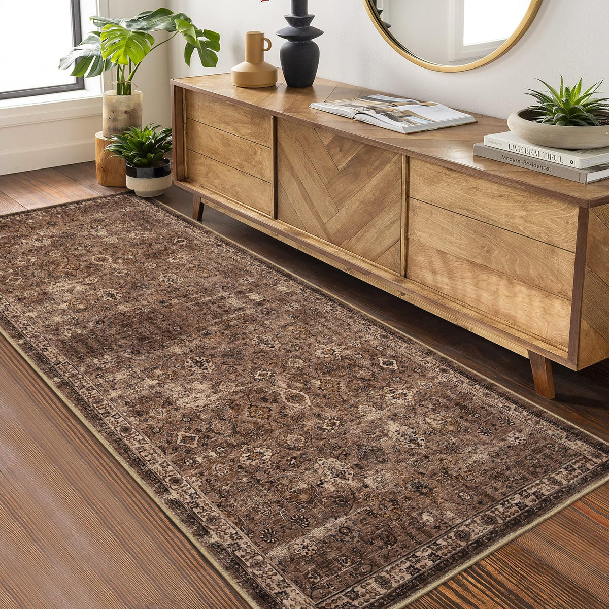 Garvee Vintage Teppich 80 x 150 cm Rutschfest Waschbar Boho Teppich Für Wohnzimmer Schlafzimmer Esszimmer Rotbraun