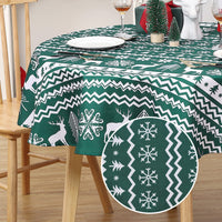 Nappe de Noël ronde Garvee 152 cm, verte, déperlante et antitache, 100 % polyester, motif flocons de neige et rennes, idéale pour les fêtes de Noël et la maison.