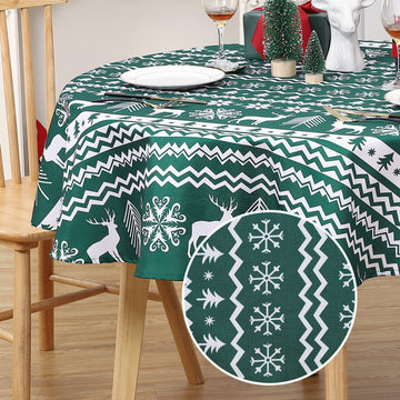 Nappe de Noël ronde Garvee 152 cm, verte, déperlante et antitache, 100 % polyester, motif flocons de neige et rennes, idéale pour les fêtes de Noël et la maison.