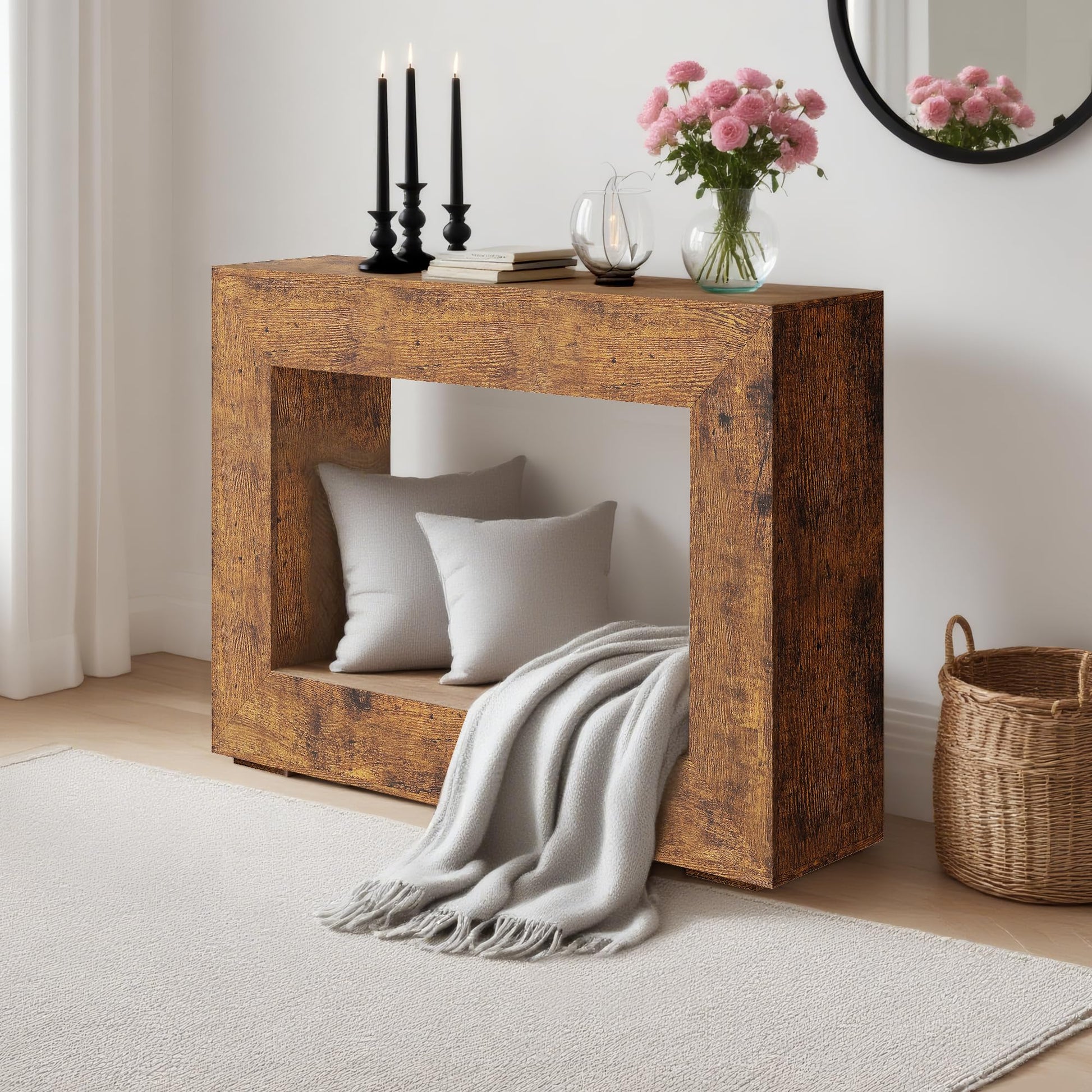 Console Garvee style ferme, 119 cm (47 pouces), style rustique vintage, étagères ouvertes, bois haute densité résistant aux rayures, idéale pour un couloir ou un salon, couleur marron.