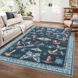 Garvee Tapis lavable en machine, motifs floraux et insectes vintage, antidérapant, grand pour salon et chambre d'enfant, polyester durable, poils courts - Blau