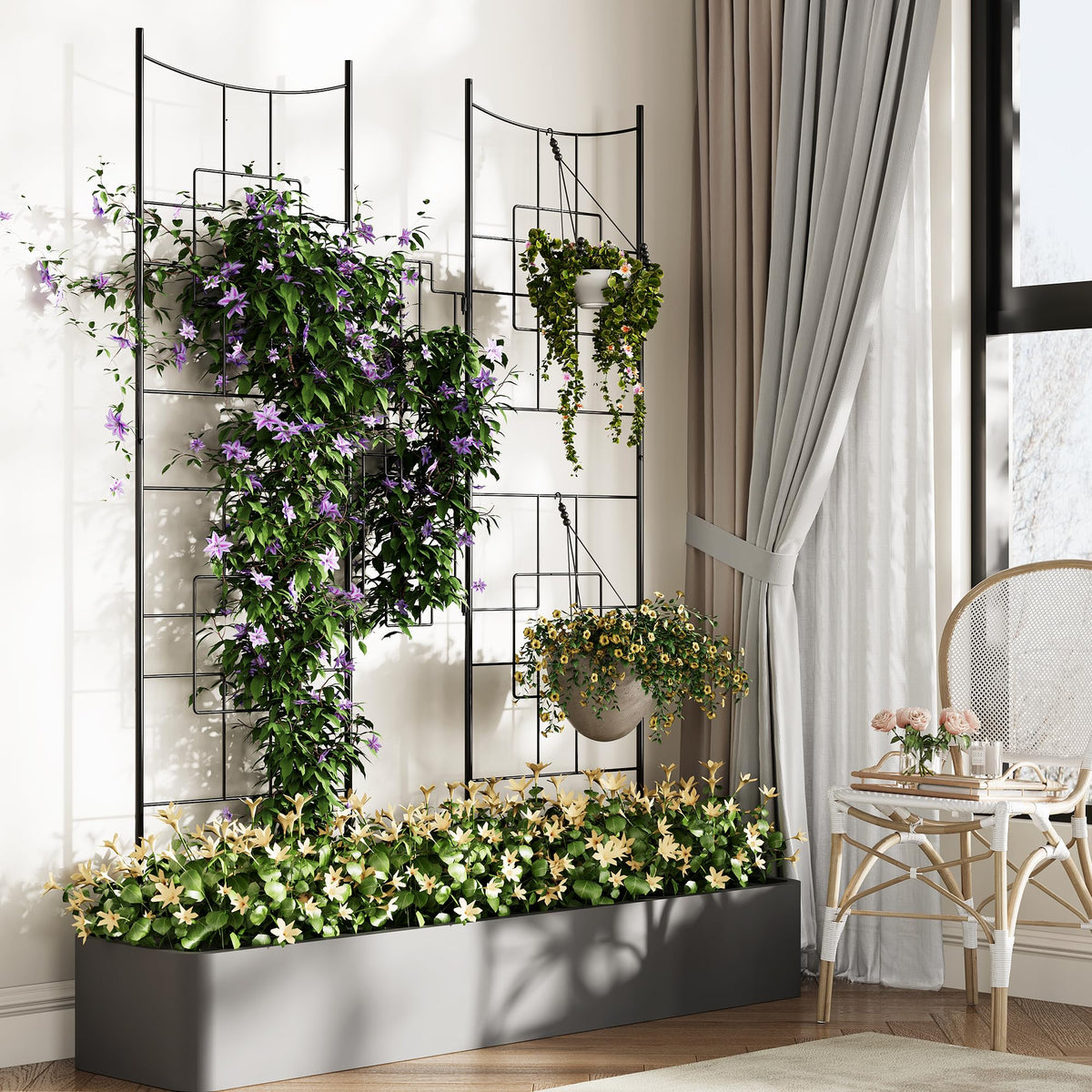 Treillis de jardin en métal Garvee 130 x 168 cm, noir, antirouille, style baroque, 2 pièces, support pour rosiers et légumes au jardin