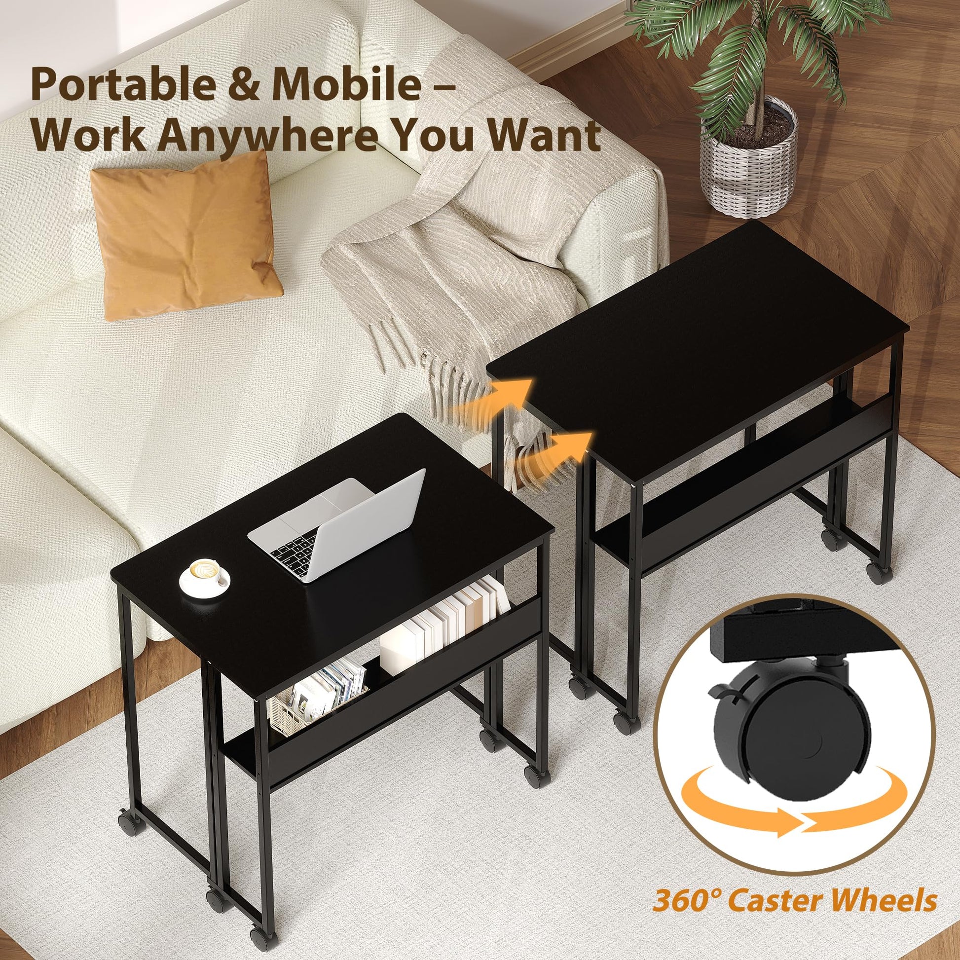 Table pliante compacte Garvee avec roulettes, bureau pliable de 80 cm (31,5 po), structure en acier, étagère de rangement, noire, idéale pour le bureau à domicile et les études.