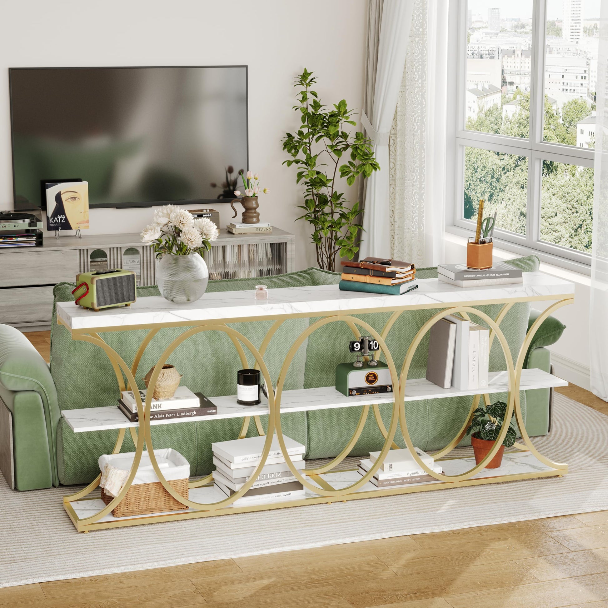 Console Garvee 99 cm (39 po), style industriel, 3 niveaux, structure en métal et bois, moderne, idéale pour le salon, le couloir ou l'entrée, gain de place, noire