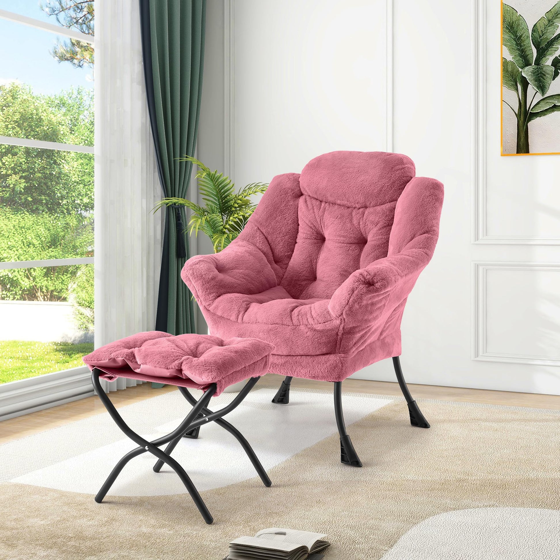 Fauteuil relax Garvee avec repose-pieds, ergonomique et élégant, en peluche rose, idéal pour le salon et le bureau.
