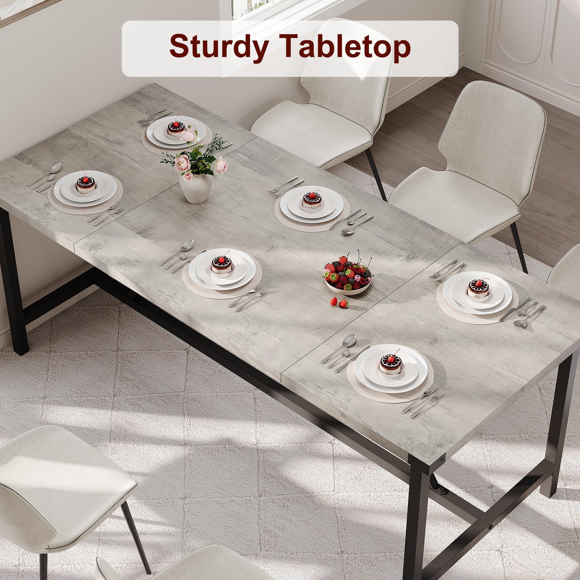 Table de salle à manger rectangulaire Garvee pour 6 à 8 personnes, structure robuste en MDF et acier, style industriel, gris rétro, idéale pour les salles à manger et les grands espaces.