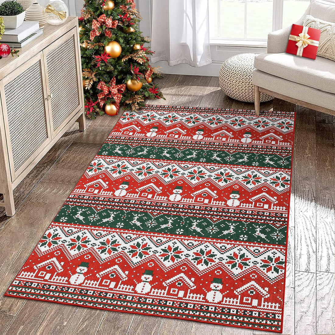 Tapis de Noël bohème Garvee, grand format, lavable en machine, motif sapin de Noël, élan et flocons de neige, idéal pour le salon, la chambre, la cuisine ou la salle à manger, 140 x 200 cm.