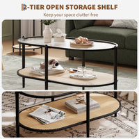 Table basse ovale à deux niveaux Garvee en rotin avec structure en métal et plateau en verre trempé, noire, pour salon et bureau