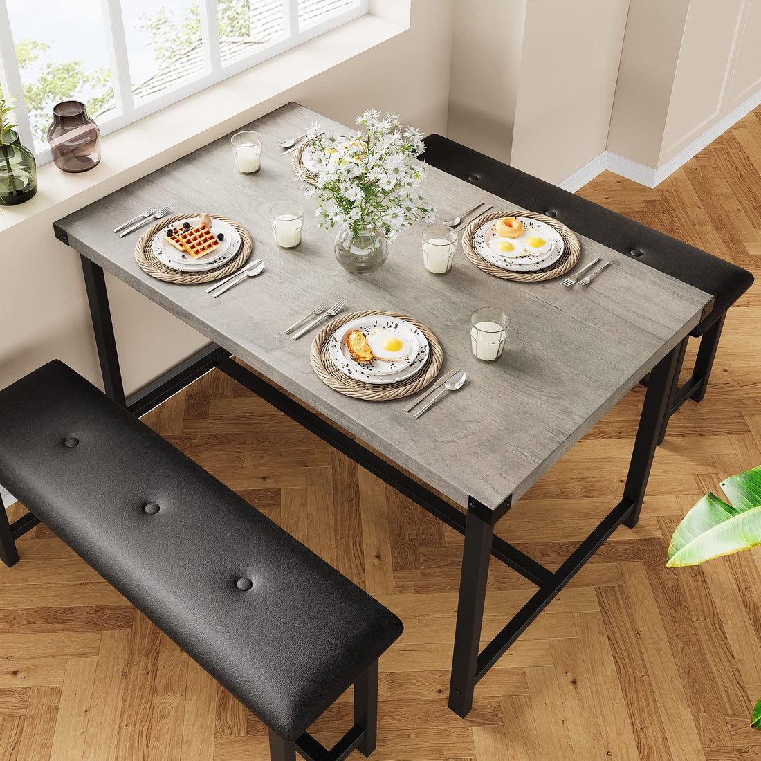 Ensemble table et chaises Garvee pour 4 personnes avec 2 banquettes rembourrées, table de cuisine rectangulaire, structure robuste en MDF et acier, gain de place, imperméable, gris rétro, idéal pour les petits espaces