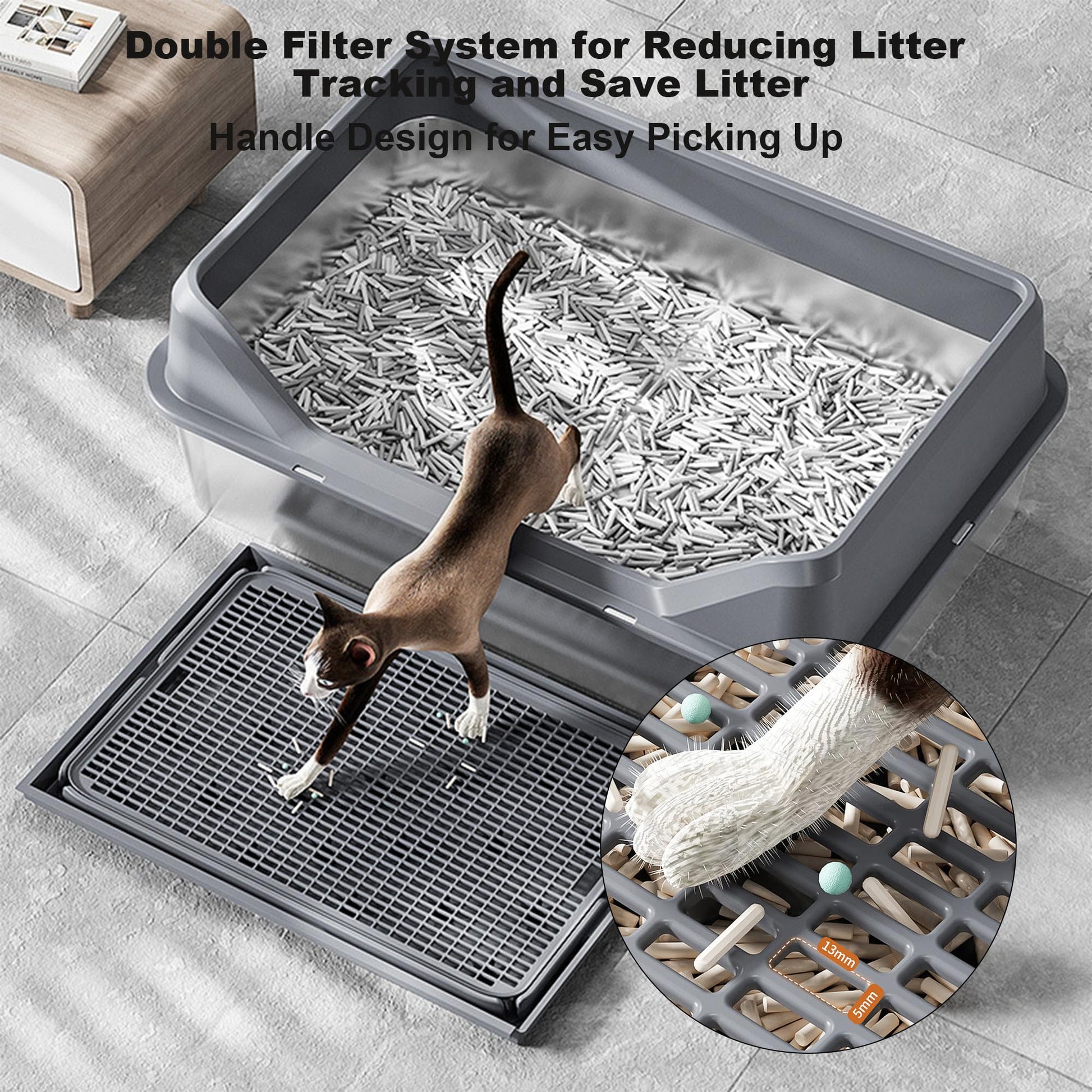 Bac à litière Garvee XL en acier inoxydable avec couvercle, profondeur 20 cm, antirouille, avec pelle à tamis, double tapis de litière, gris foncé, pour grands chats