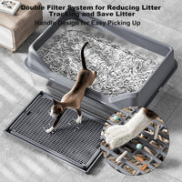 Bac à litière Garvee XL en acier inoxydable avec couvercle, profondeur 20 cm, antirouille, avec pelle à tamis, double tapis de litière, gris foncé, pour grands chats