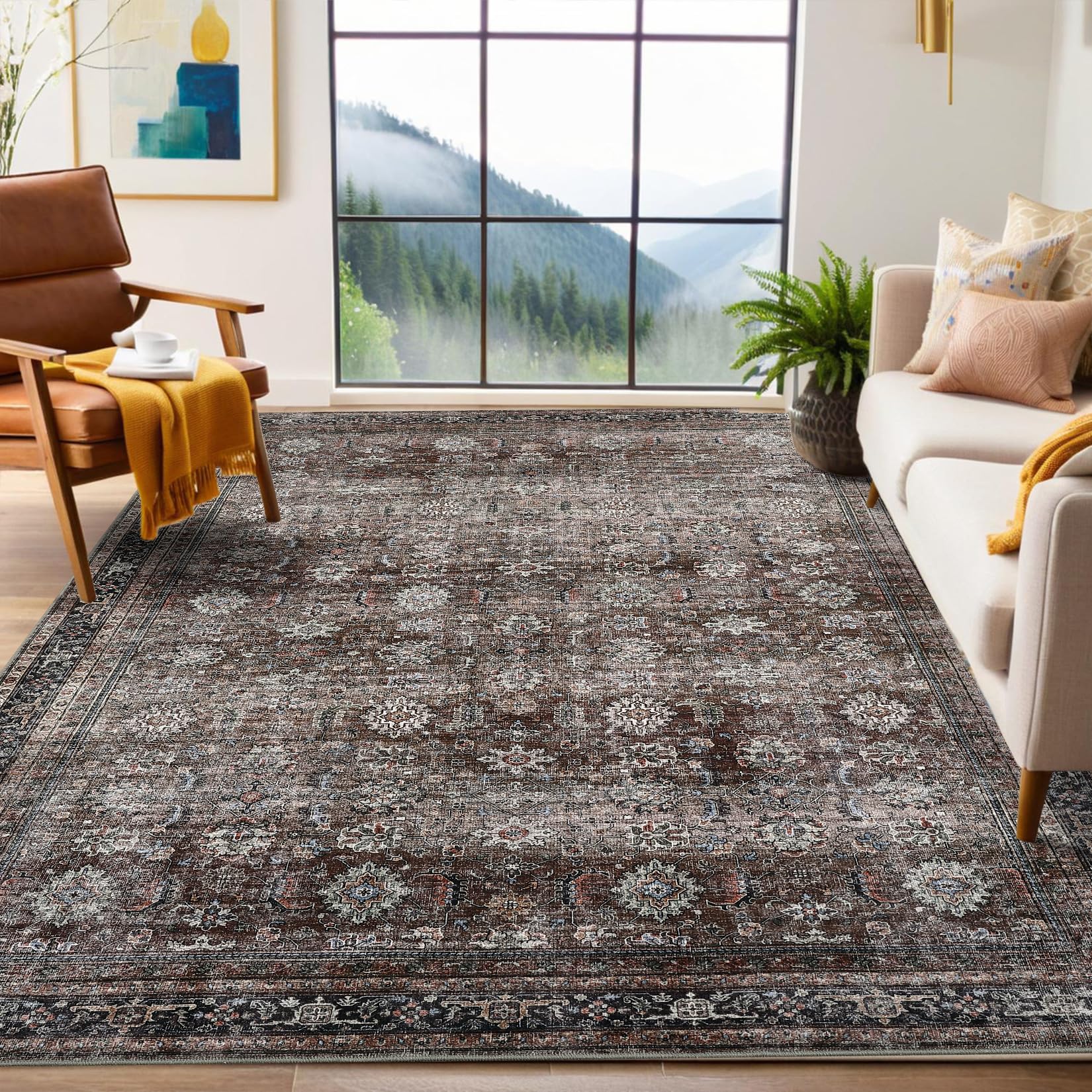 Tapis vintage Garvee, lavable en machine, antidérapant, antitache, pour salon, chambre, cuisine, salle à manger, style champêtre