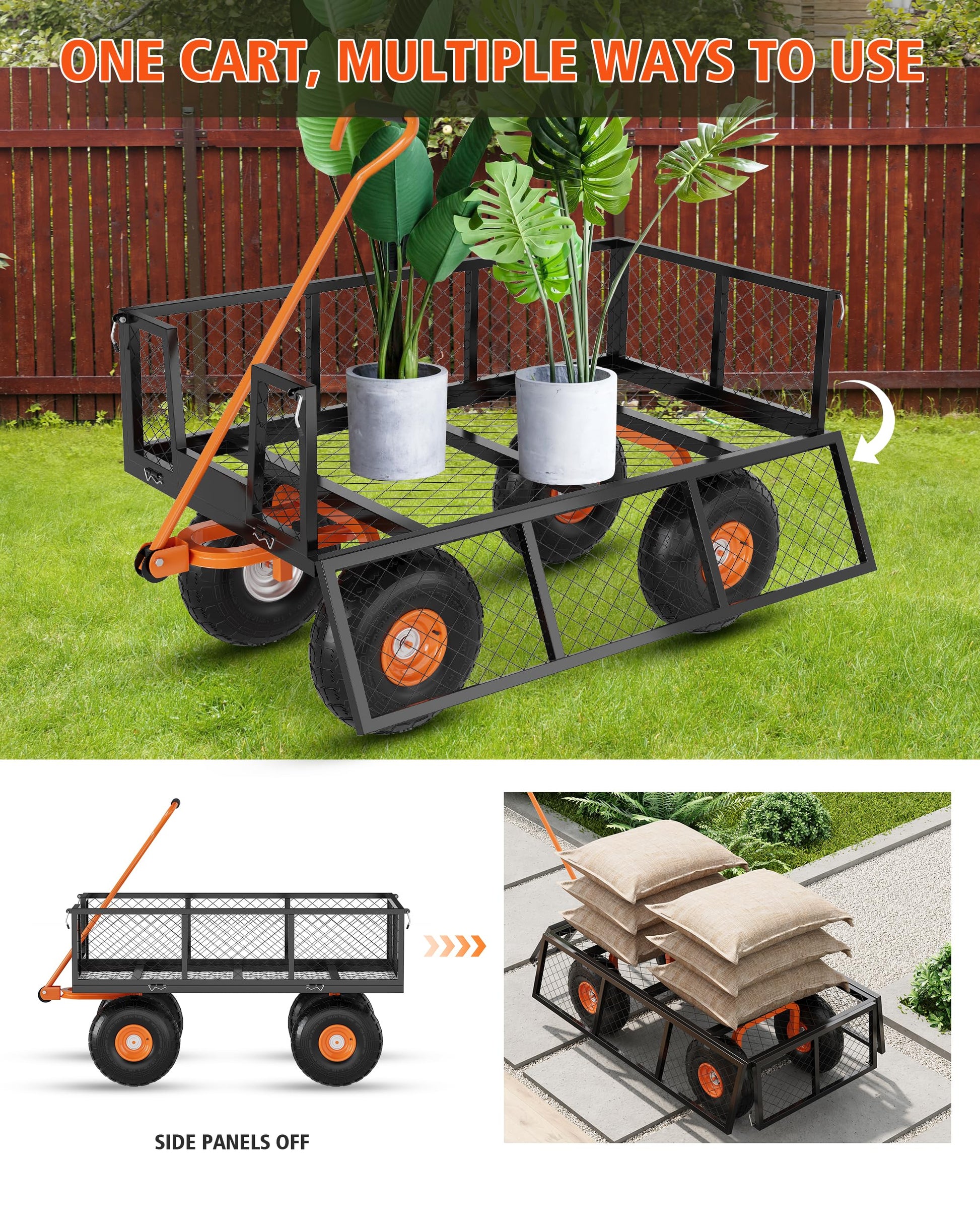 Garvee Chariot de jardin 3 en 1 en acier robuste, charge 408 kg, ridelles grillagées amovibles, pneus tout-terrain, poignée pivotante, 96 × 50 cm, noir et orange