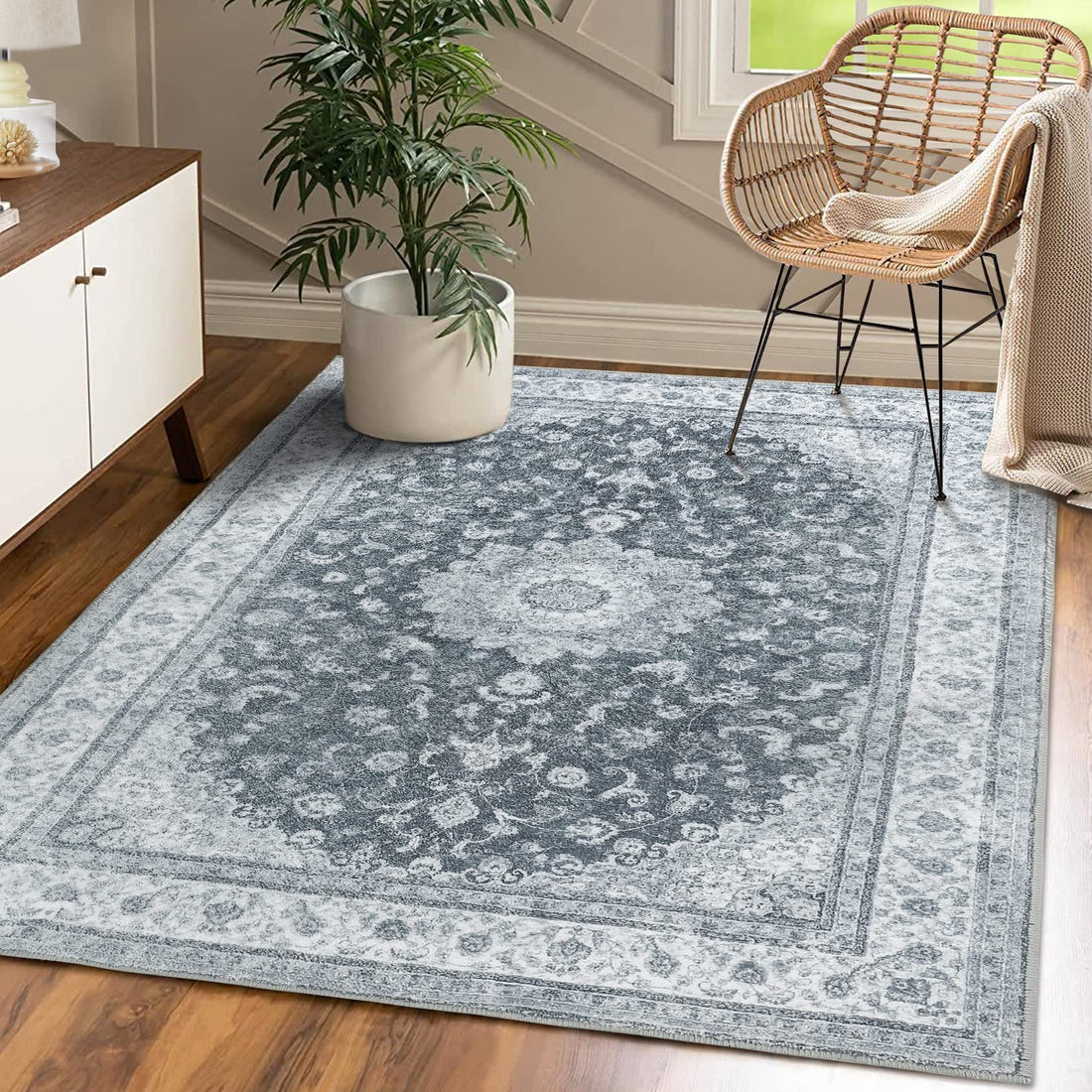Tapis GARVEE Perzisch Vintage Gris Foncé 140x200 cm Pour salon, chambre et cuisine, résistant aux taches et antidérapant