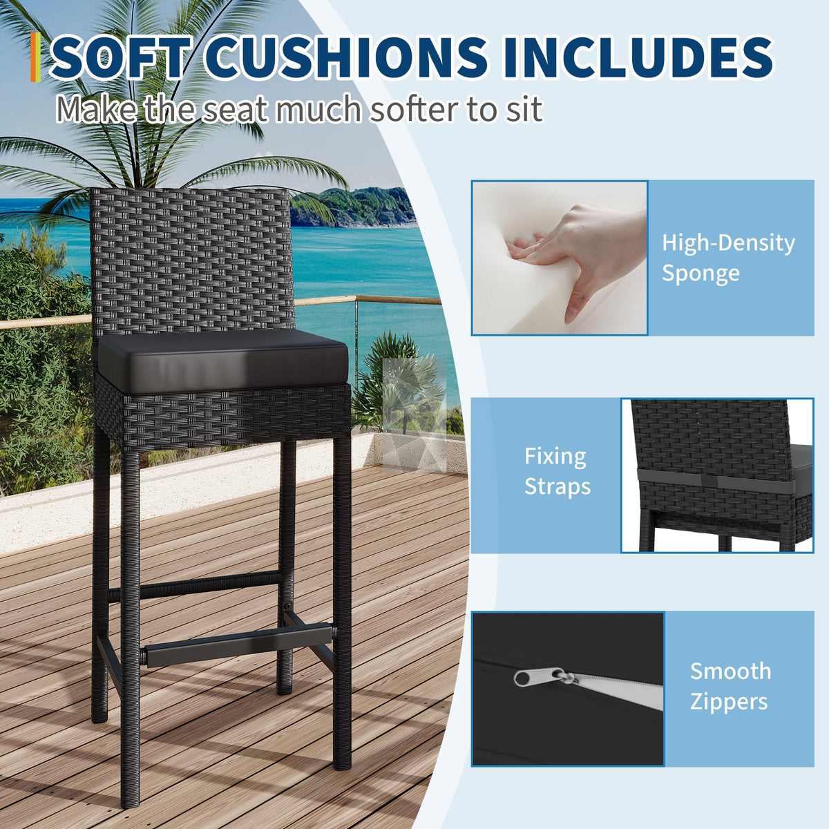Ensemble de 2 tabourets de bar d'extérieur Garvee en résine tressée, ergonomiques et robustes, structure en rotin PE et acier, pour balcon et jardin, 40,6 x 45 x 103,6 cm, noir