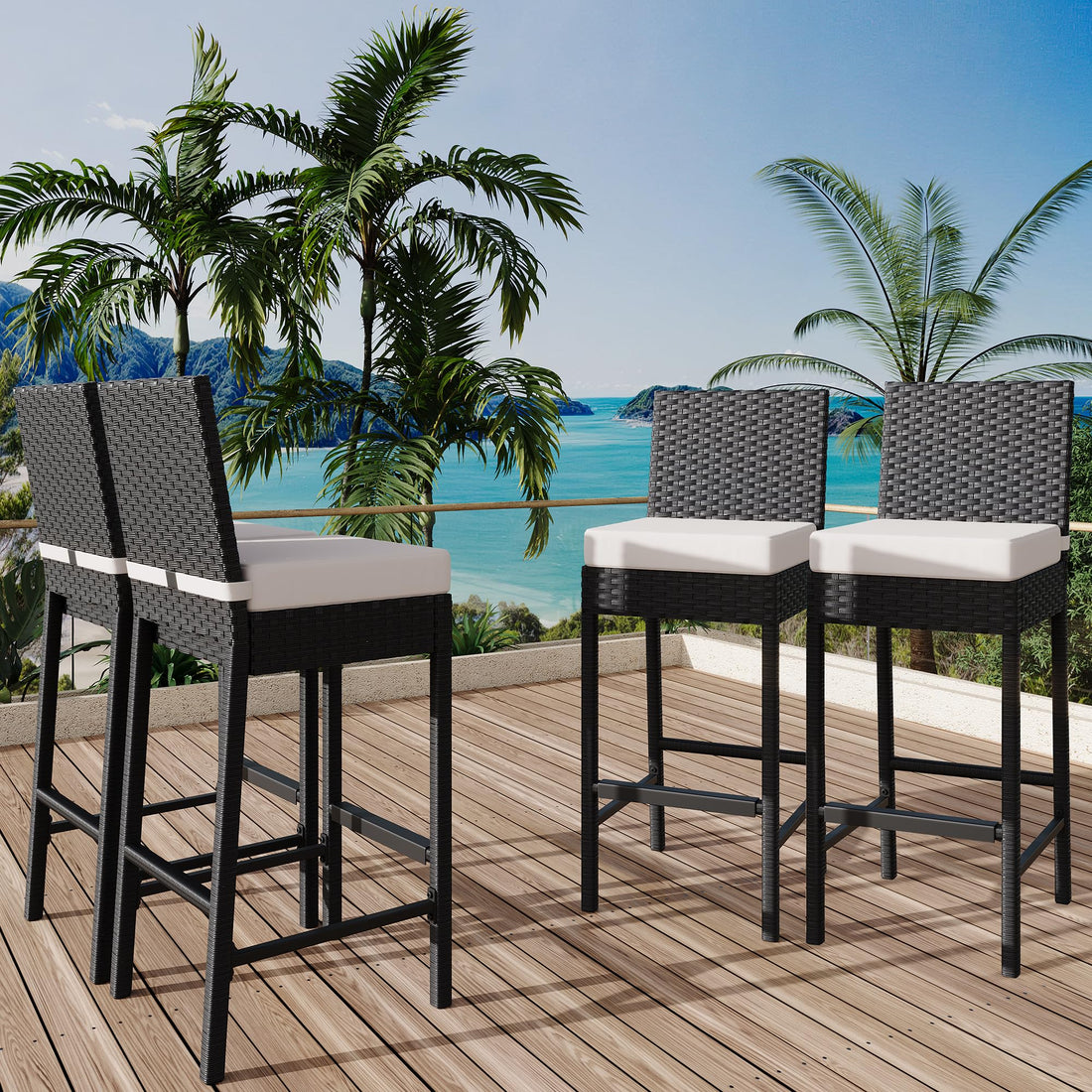 Ensemble de 4 tabourets de bar d'extérieur en rotin tressé Garvee - Ergonomiques et résistants aux intempéries, hauteur d'assise 71 cm, pour jardin et terrasse, noirs