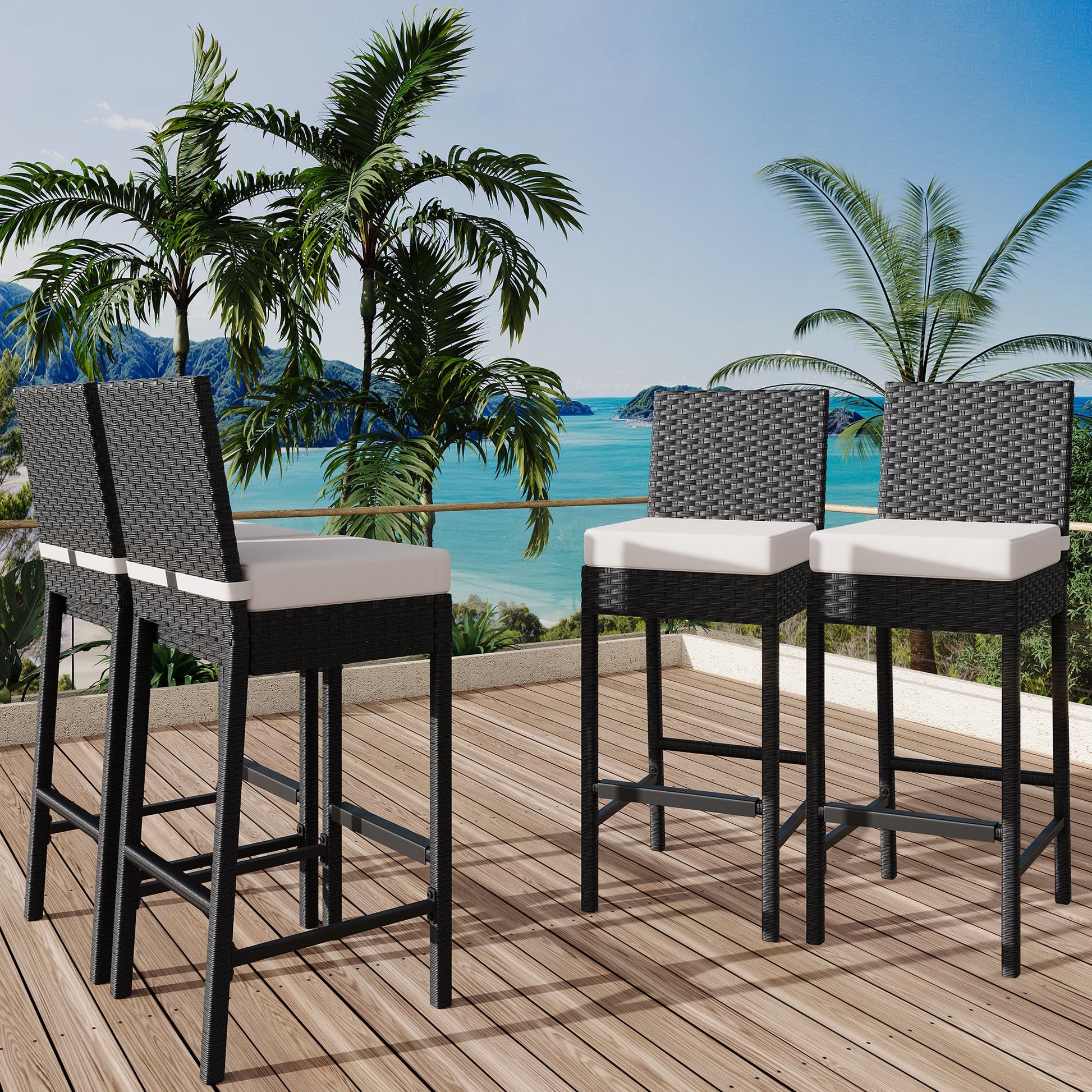 Ensemble de 4 tabourets de bar d'extérieur en rotin tressé Garvee - Ergonomiques et résistants aux intempéries, hauteur d'assise 71 cm, pour jardin et terrasse, noirs