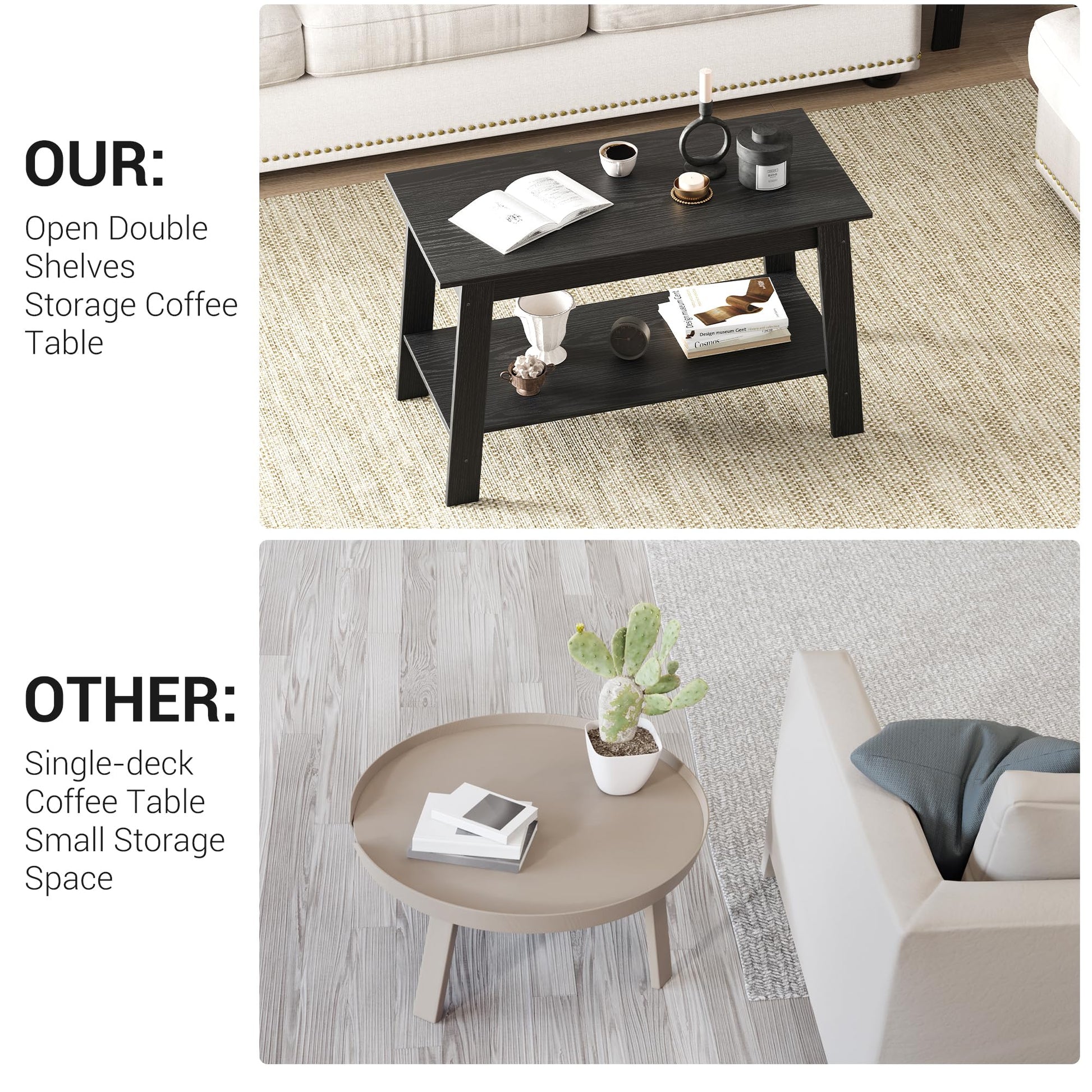 Garvee table basse rustique à double étagère, rectangulaire, en bois, finition noire, pour le salon et le bureau, 80 × 39 × 48 cm