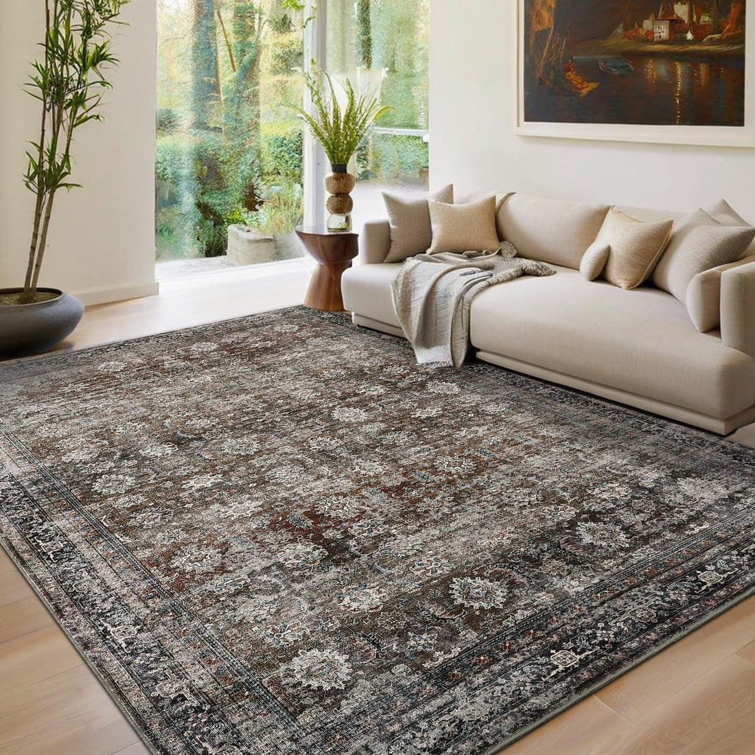 Tapis Garvee lavable style vintage tissé à plat, antidérapant, pour salon, chambre, cuisine, aspect doux et usé, design moderne