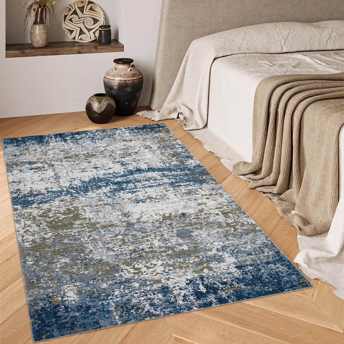 Tapis abstrait moderne Garvee, lavable, antidérapant, pour salon ou chambre, 120 x 170 cm, bleu