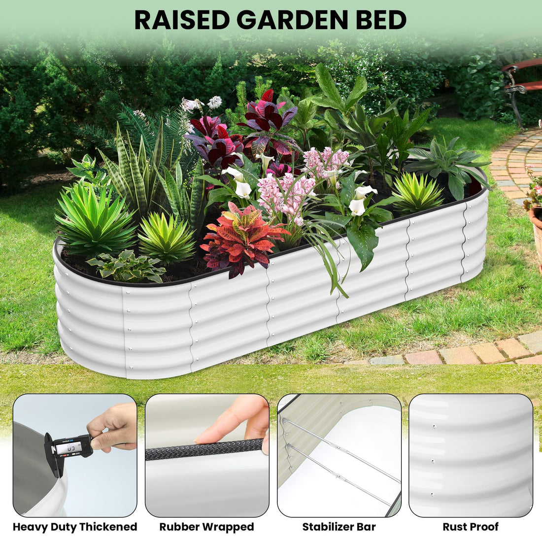 Garvee Potager surélevé, en métal ovale, avec revêtement aluminium-magnésium-zinc, pour le jardin, robuste, tous temps, flexible et durable